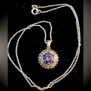 Pendant w/authentic Tanzanite & Halo of White Sapphire Baguette 925 Silver 17”